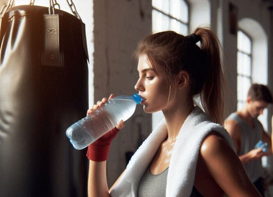 Girl in training clothes drinking water in a gym
